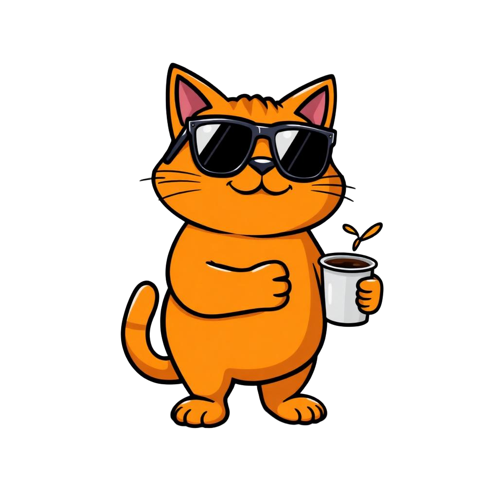 $KOPICAT mascot: an orange cat wearing sunglasses holding a cup of coffee